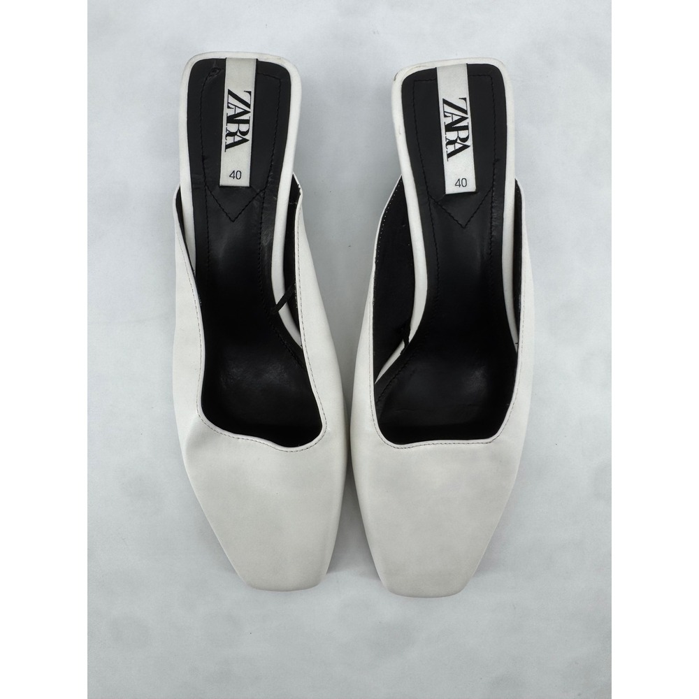 Zara White Square Toe Wedge Mules Black Heel Slip On Shoes Size 40